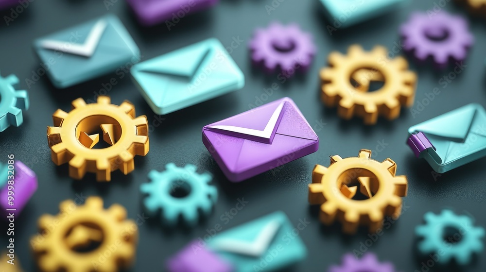 Poster email icons with automation gears and spam filters, symbolizing the streamlined email marketing proc