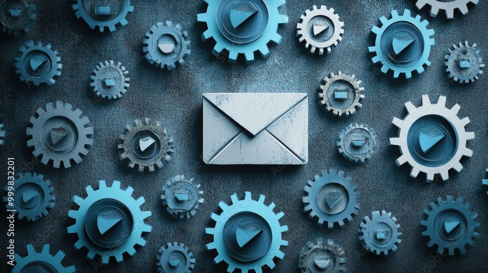 Poster email icons with automation gears and spam filters, representing email marketing automation, digital