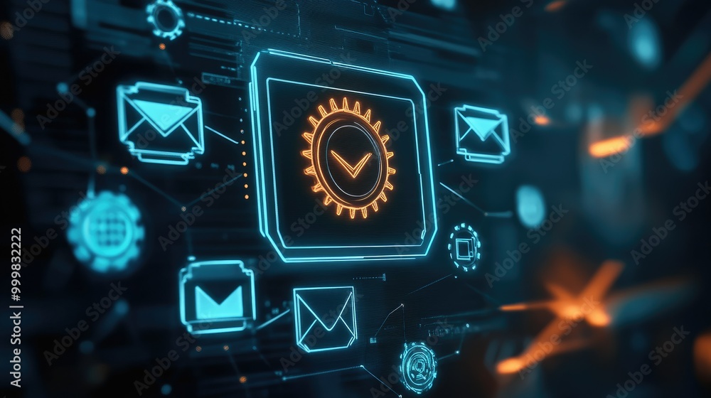 Poster email inbox with automation gears and spam filter icons, representing streamlined email campaign man