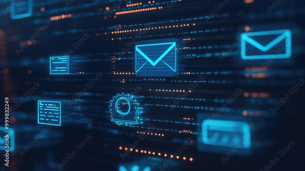 Poster email inbox with automation gears and spam filter icons, representing streamlined email campaign man