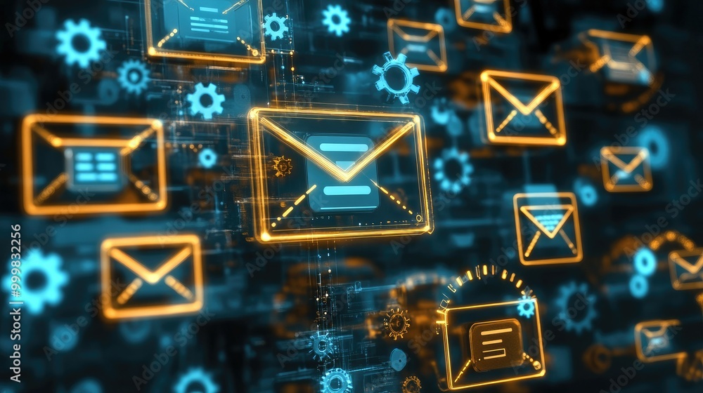 Poster email icons with automation gears and spam filters, representing email marketing automation, digital