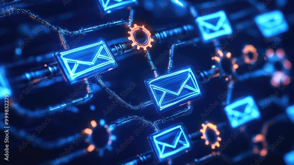 Poster emails flowing through a digital pipeline with automation gears and spam filters, symbolizing effect