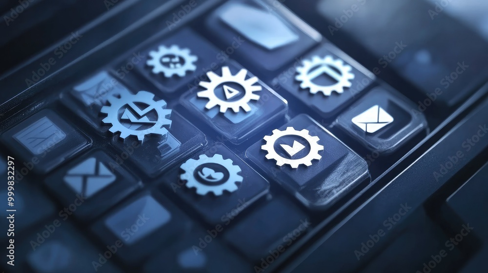 Poster email inbox with automation gears and spam filter icons, representing streamlined email campaign man