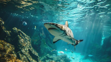 Obraz premium A shark is swimming in a tank with other fish