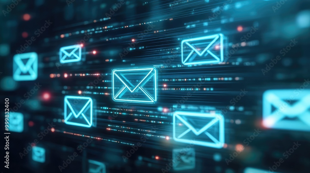 Poster emails sorted through automation filters with spam icons, symbolizing efficient email campaign manag