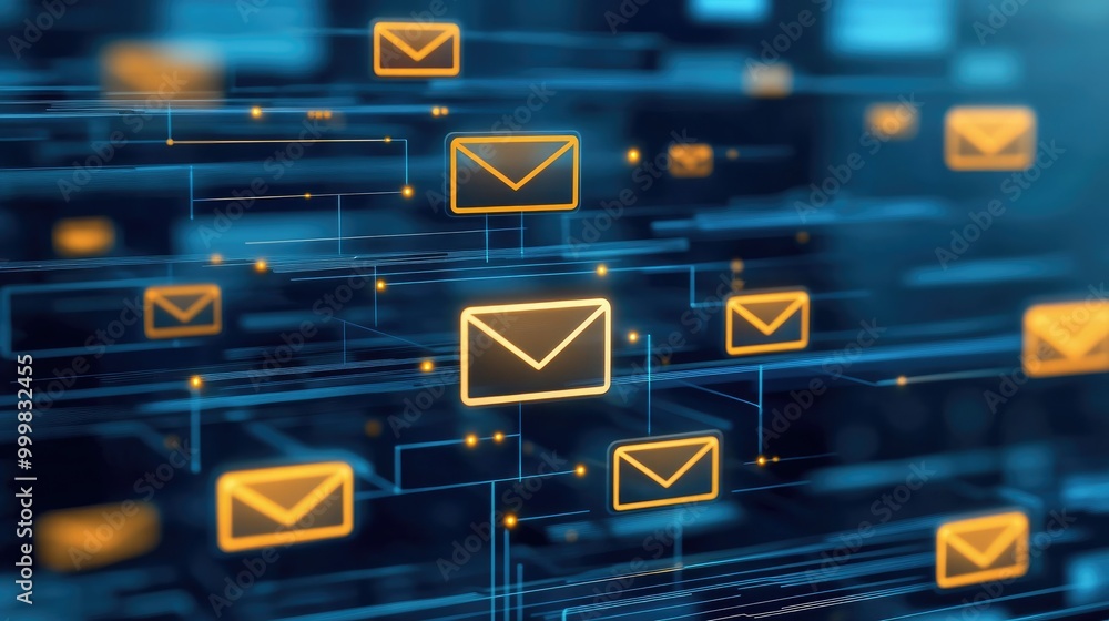 Poster emails sorted through automation filters with spam icons, symbolizing efficient email campaign manag