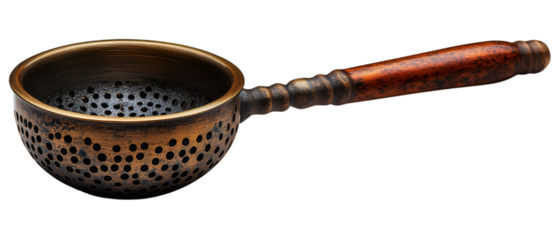 a copper strainer with a wooden handle

