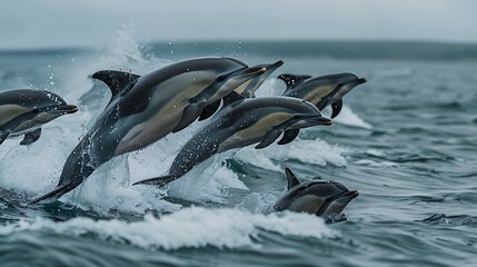 Obraz premium Group of dolphins jumping from the ocean
