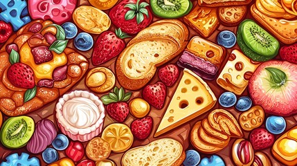 Colorful Food Background with Fruits  Bread  and Cheese