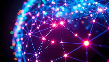 Abstract image depicting a glowing network of vibrant connections. Bright lights and dark background futuristic atmosphere