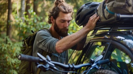 Obraz premium A man with a beard is putting a helmet on a bike rack