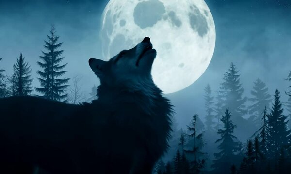 Lone wolf howling at a full moon, misty forest setting, ethereal atmosphere