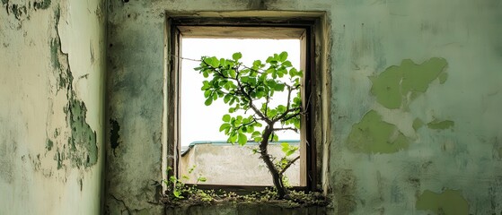 A vibrant green plant grows through a window in a decaying wall, symbolizing resilience and nature reclaiming its space.