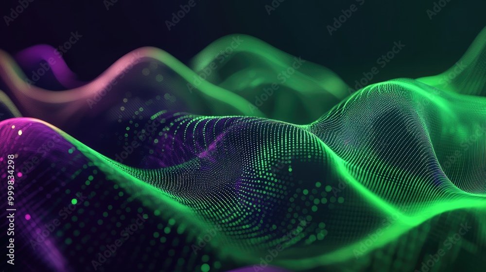 Poster flowing shapes in green and violet, symbolizing data science, dynamic analysis, and julia's programm
