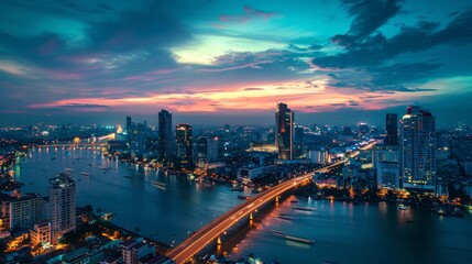 A city skyline with a bridge over a river
