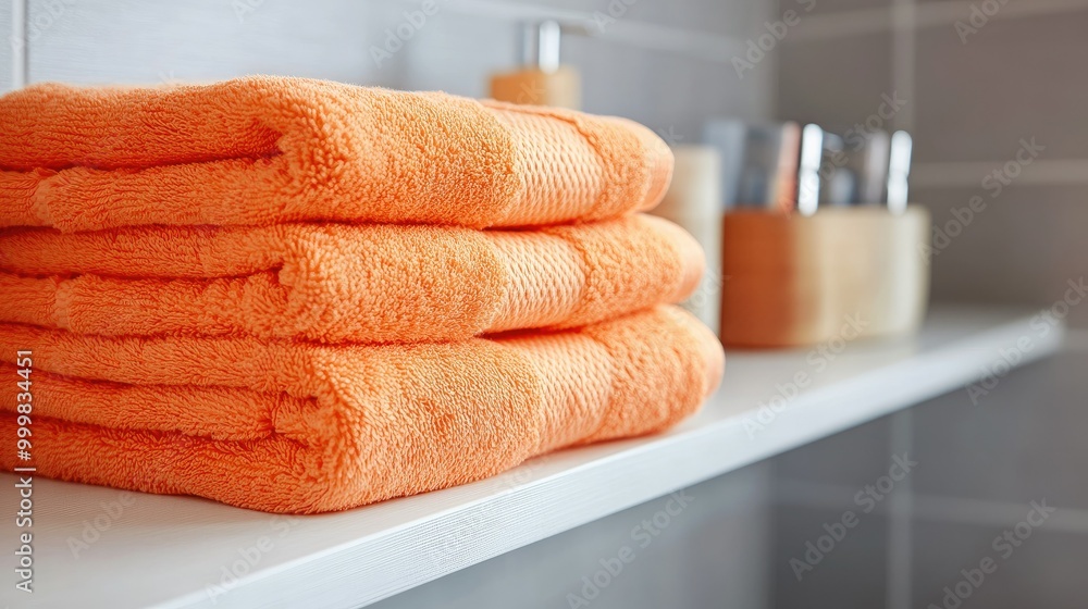 Poster folded orange towels placed neatly on a shelf, adding a cheerful and vibrant touch to a clean bathro