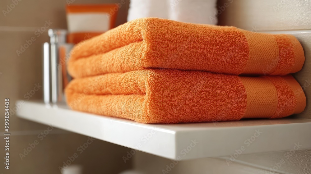 Poster folded orange towels placed neatly on a shelf, adding a cheerful and vibrant touch to a clean bathro