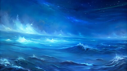 Fototapeta premium Vibrant ocean waves under a night sky, showcasing shades of blue and energy in motion.