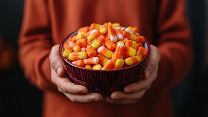 A bowl filled with colorful candy corn, held by hands, perfect for festive celebrations.