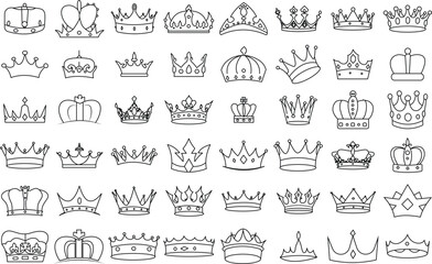 King and Queen Crown icon set for logo and T-Shirt. Thin line art editable stroke.