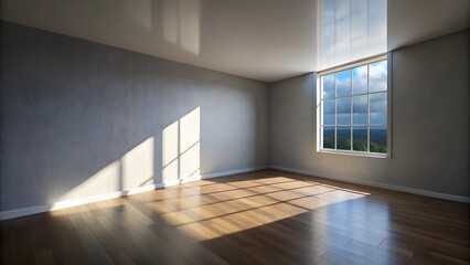 Bright empty room with large window, soft sunlight illuminating wooden floor, serene ambiance.