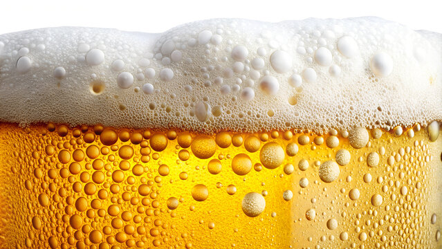 Foamy beer with golden bubbles, isolated on a transparent or white background.