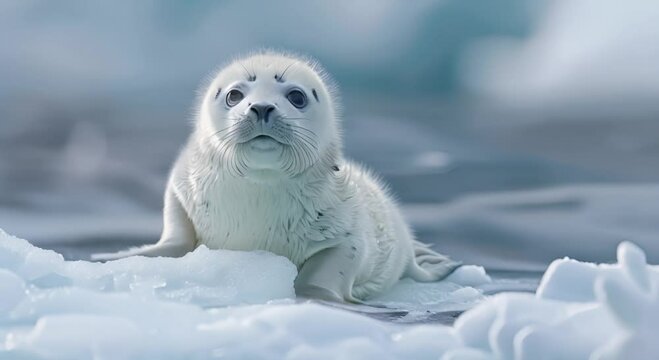 A white seal pup rests on a large, white ice floe in the Arctic