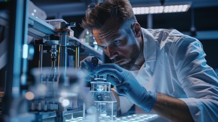 A man in a lab coat is looking at a small object with a magnifying glass