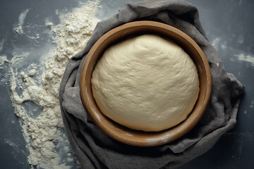 Rising dough in a wooden bowl with flour on the table, perfect for baking concepts, homemade bread, and culinary photography with rustic, organic style