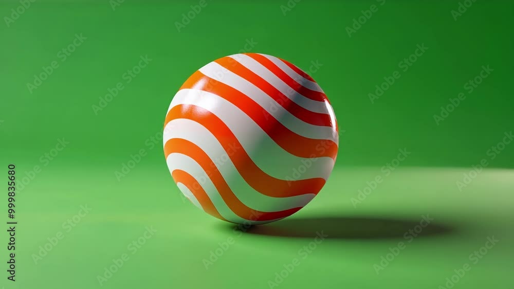 Poster computer generated image of an orange and white striped sphere rotating on a green screen background