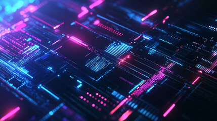 An abstract digital network background with glowing data streams and geometric shape