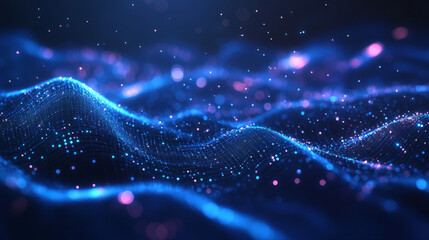 An abstract digital network background with glowing data streams and geometric shape
