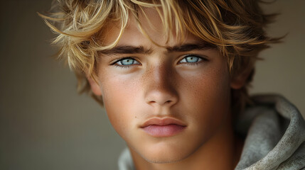 Naklejka premium Intense Gaze of a Young Man with Blue Eyes
