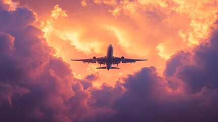 Fototapeta premium Airplane Flying Through Colorful Clouds