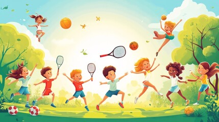 Obraz premium Kids Playing Sports in a Sunny Park