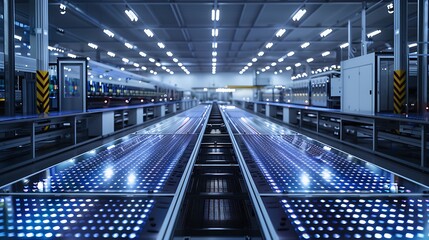 Naklejka premium Quantum dot solar panel production line, next-gen energy: A high-tech production line manufactures quantum dot solar panels, advancing renewable energy technology with higher efficiency and 