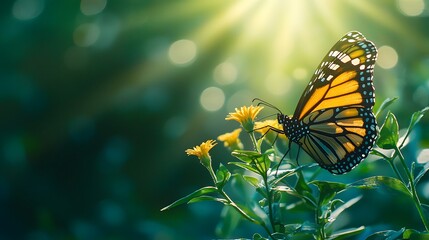 Obraz premium A vibrant Monarch butterfly perched on a yellow flower in a sunlit garden.