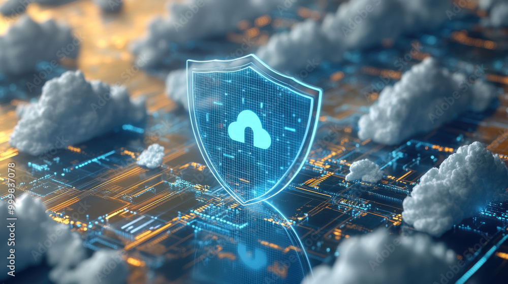 Poster cloud security measure, a futuristic holographic shield icon prominently displayed above a dynamic c