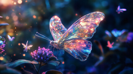 A crystal butterfly perched on a flower made of light, tiny fairies dancing in the air around it, glowing translucent wings, digital art, sparkling atmosphere, surreal cosmic garden background