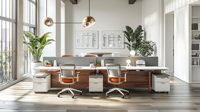 Modern open plan office with collaborative spaces: A sleek, modern office layout features open workstations and collaborative areas, encouraging teamwork and creativity in a dynamic work environment. 