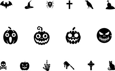 Horror and scary halloween faces silhouette icon, Pumpkin, emoji and tattoo ghost smile spooky jack evil mouth eyes scary silhouette vector illustration 