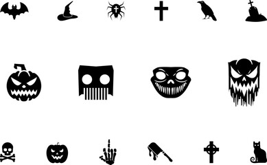 Horror and scary halloween faces silhouette icon, Pumpkin, emoji and tattoo ghost smile spooky jack evil mouth eyes scary silhouette vector illustration 