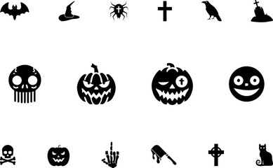 Horror and scary halloween faces silhouette icon, Pumpkin, emoji and tattoo ghost smile spooky jack evil mouth eyes scary silhouette vector illustration 