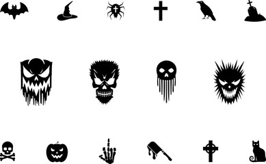 Horror and scary halloween faces silhouette icon, Pumpkin, emoji and tattoo ghost smile spooky jack evil mouth eyes scary silhouette vector illustration 