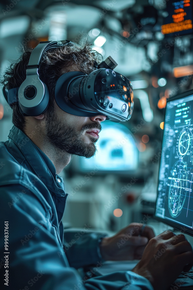 Poster vr in engineering, focused aerospace engineer in a sleek laboratory, donning vr gear while seamlessl