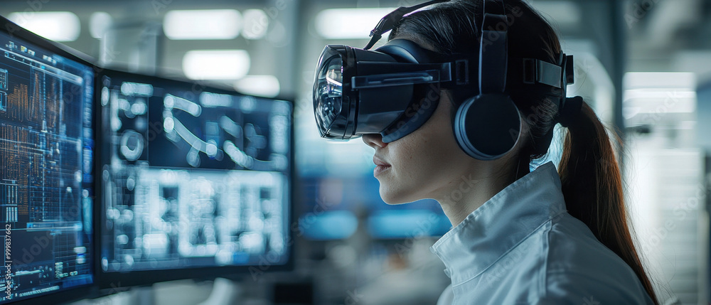 Poster vr in engineering, focused aerospace engineer in a sleek laboratory, donning vr gear while seamlessl