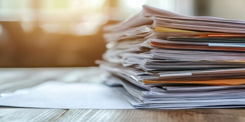 A close-up view of a messy stack of papers on a wooden desk, highlighting the chaos of paperwork in an office environment.