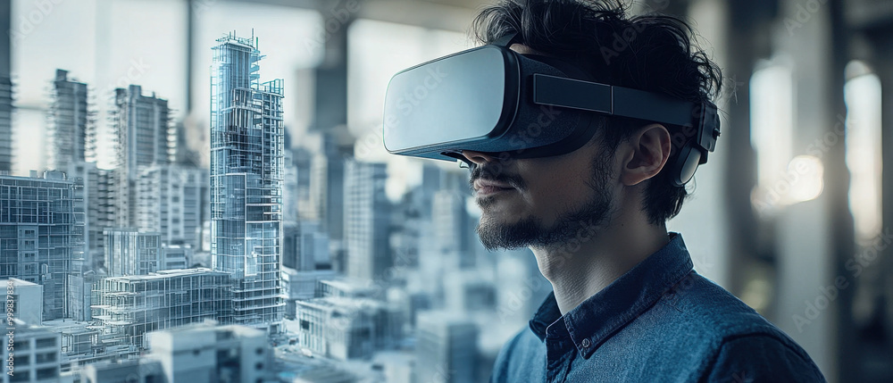 Poster vr in engineering, in a simulated urban landscape, a civil engineer uses vr goggles to visualize and