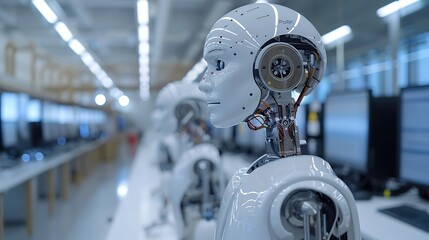 Fototapeta premium Humanoid robot production facility, advanced robotics business: A state-of-the-art facility produces humanoid robots, combining advanced robotics and AI to create machines capable of complex 