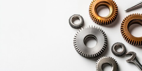 A collection of various mechanical gears showcasing intricate designs and textures, perfect for engineering and technology themes.